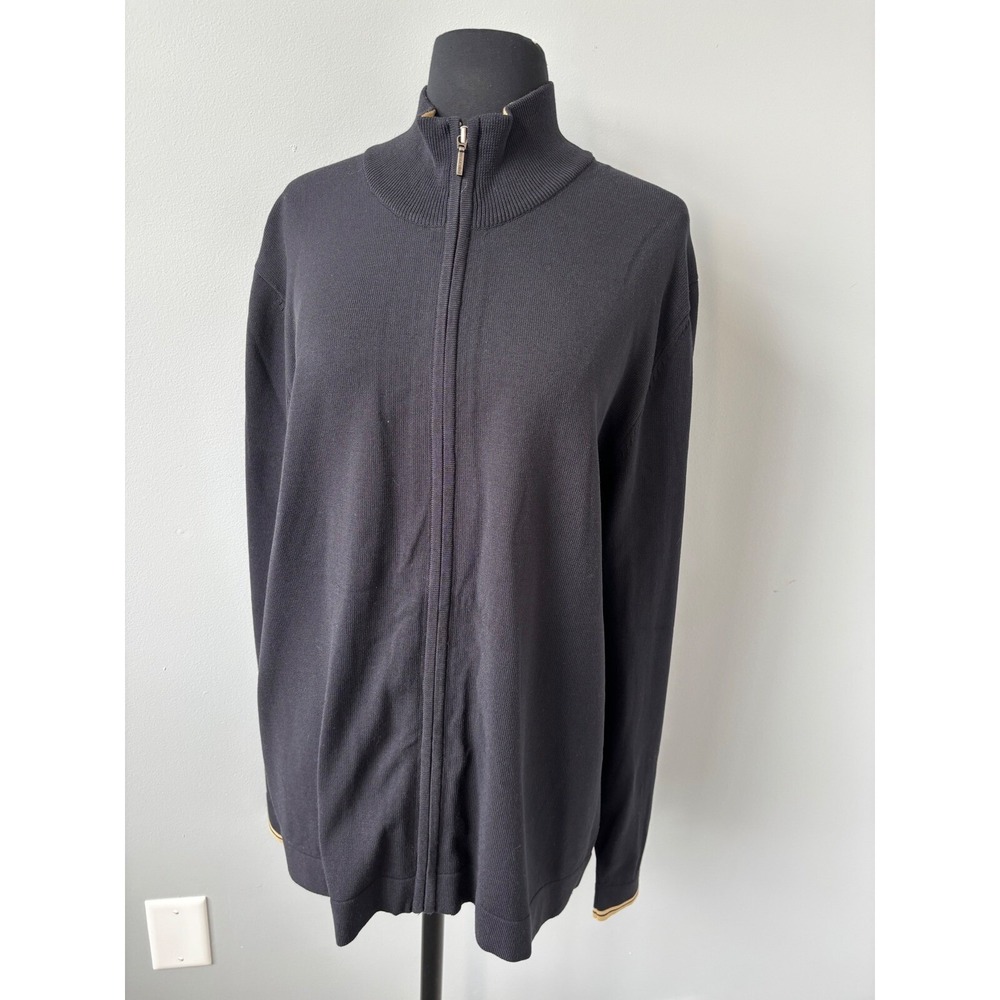 Express Men's Full Zip Cardigan Sweater Mock Neck Knitwear Black Tan‎ Trim
